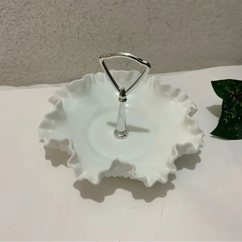 Fenton Vintage White Hobnail Ruffled Edge Milk Glass Candy Dish w/Silver Handle
